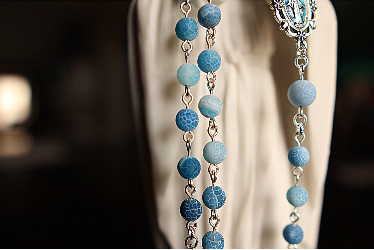 Cracked Matte Blue Gemstone - Durable Holy Rosary - Miraculous Medal Pardon Italy Crucifix - Natural Sky Agate - Catholic Prayer Beads Aqua