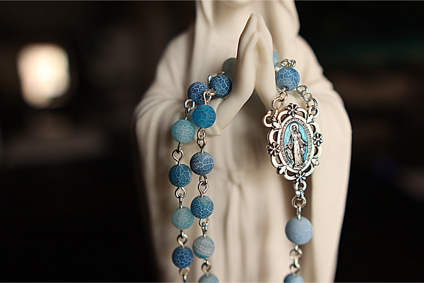 Cracked Matte Blue Gemstone - Durable Holy Rosary - Miraculous Medal Pardon Italy Crucifix - Natural Sky Agate - Catholic Prayer Beads Aqua