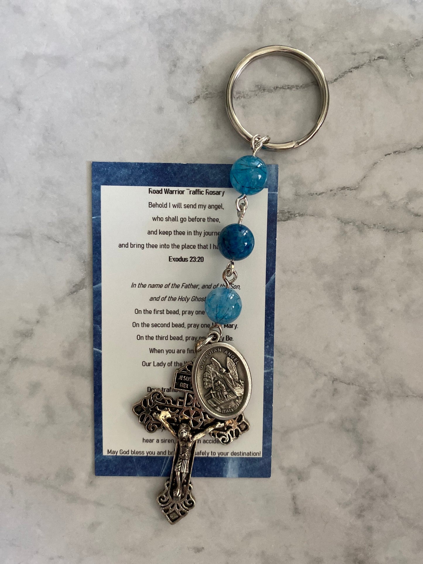 Rosary Keychain - Road Warrior Rosary Keychain - Blue Quartz - St. Michael - Keychain - Pocket Rosary - Gemstone Beads