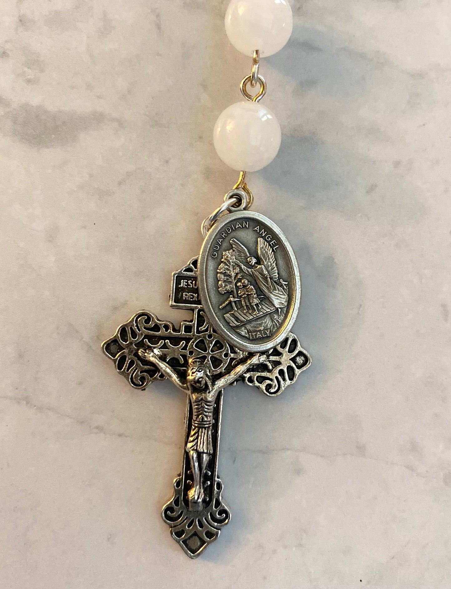 Religious Keychain - Road Warrior Rosary Keychain - White Jade - St. Michael - Made in USA - Pocket Rosary