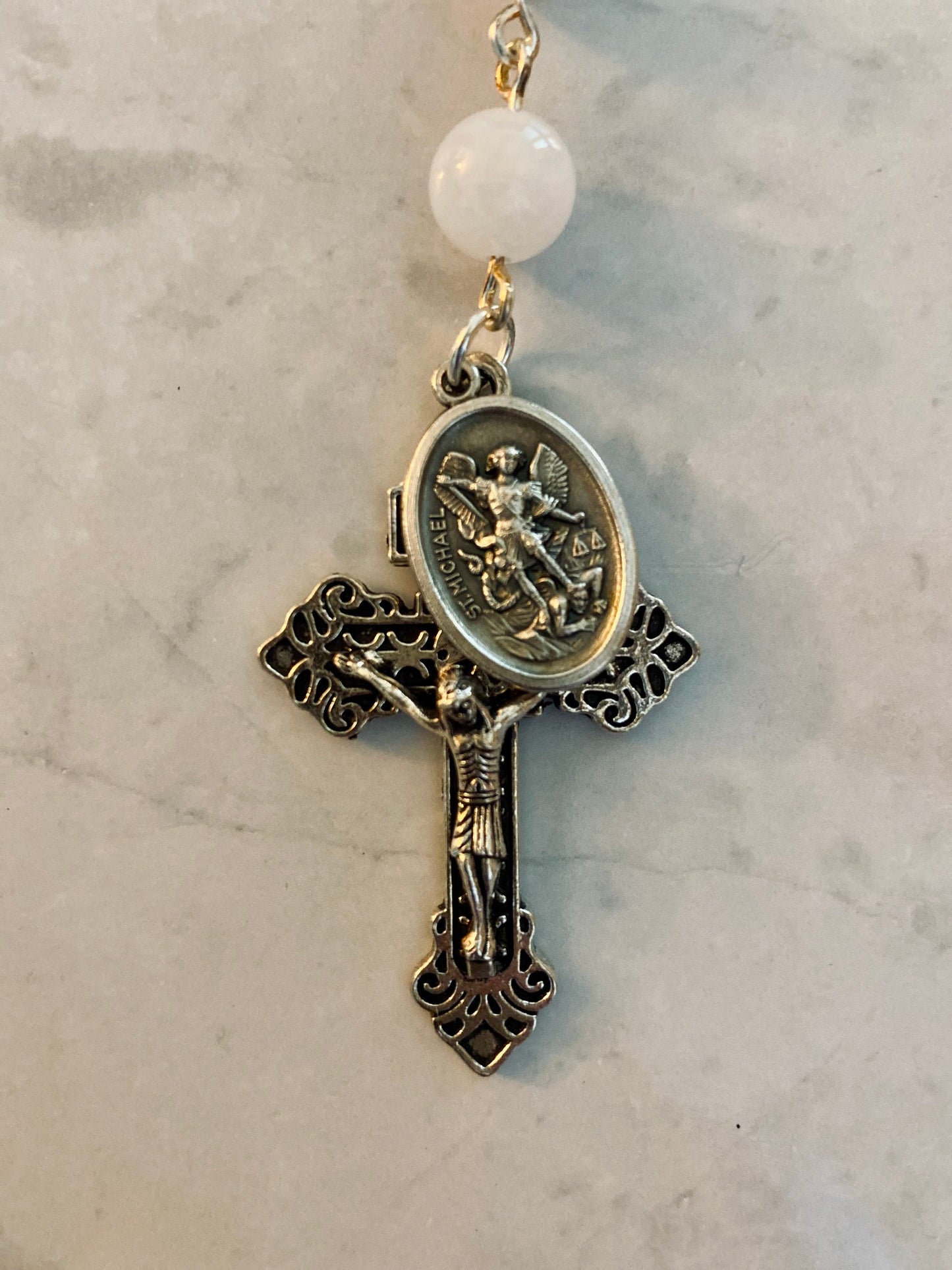 Religious Keychain - Road Warrior Rosary Keychain - White Jade - St. Michael - Made in USA - Pocket Rosary