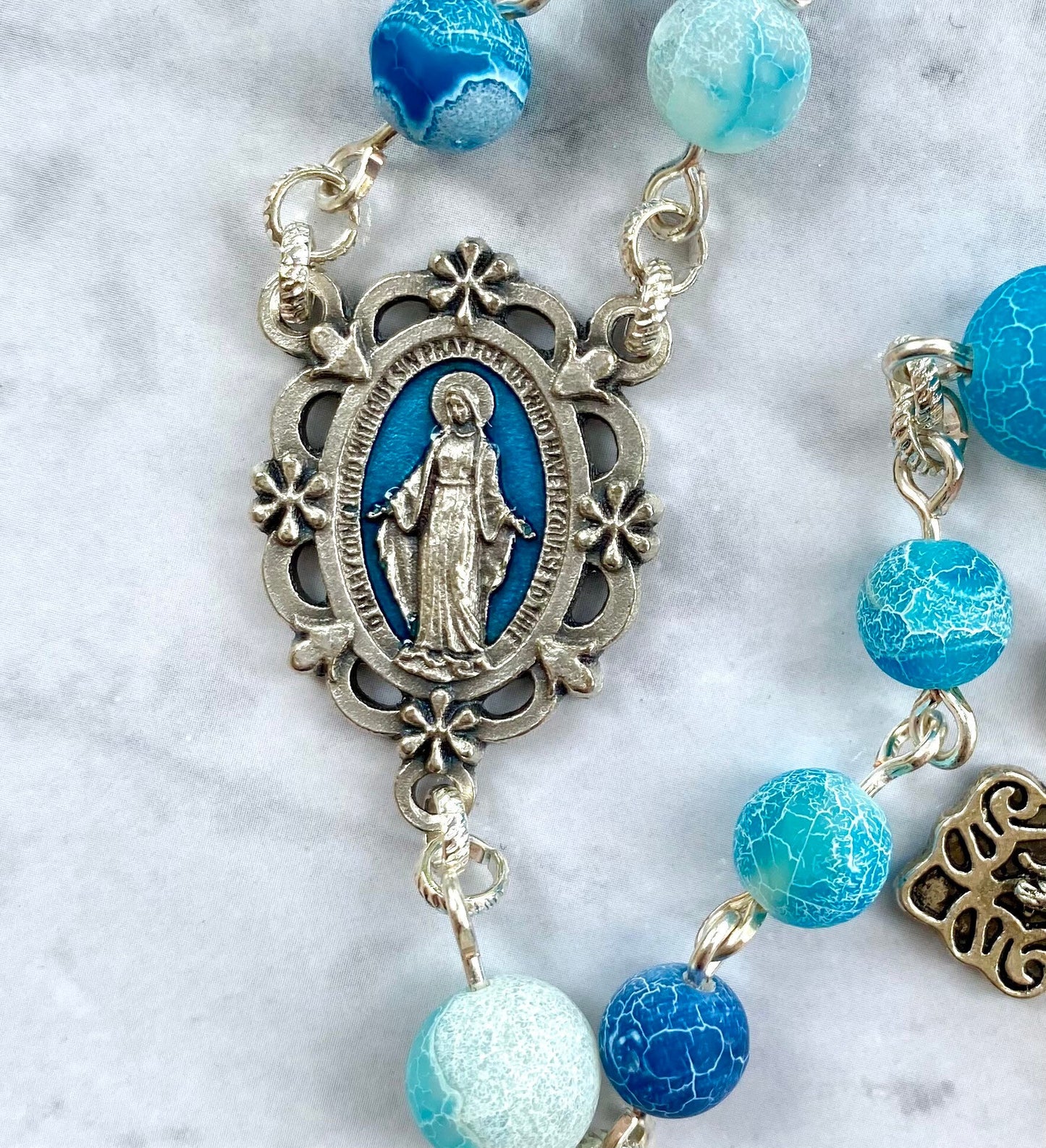 Cracked Matte Blue Gemstone - Durable Holy Rosary - Miraculous Medal Pardon Italy Crucifix - Natural Sky Agate - Catholic Prayer Beads Aqua