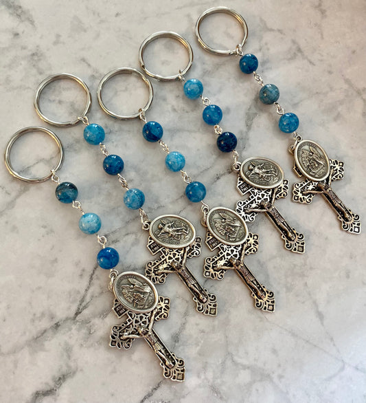 Rosary Keychain - Road Warrior Rosary Keychain - Blue Quartz - St. Michael - Keychain - Pocket Rosary - Gemstone Beads