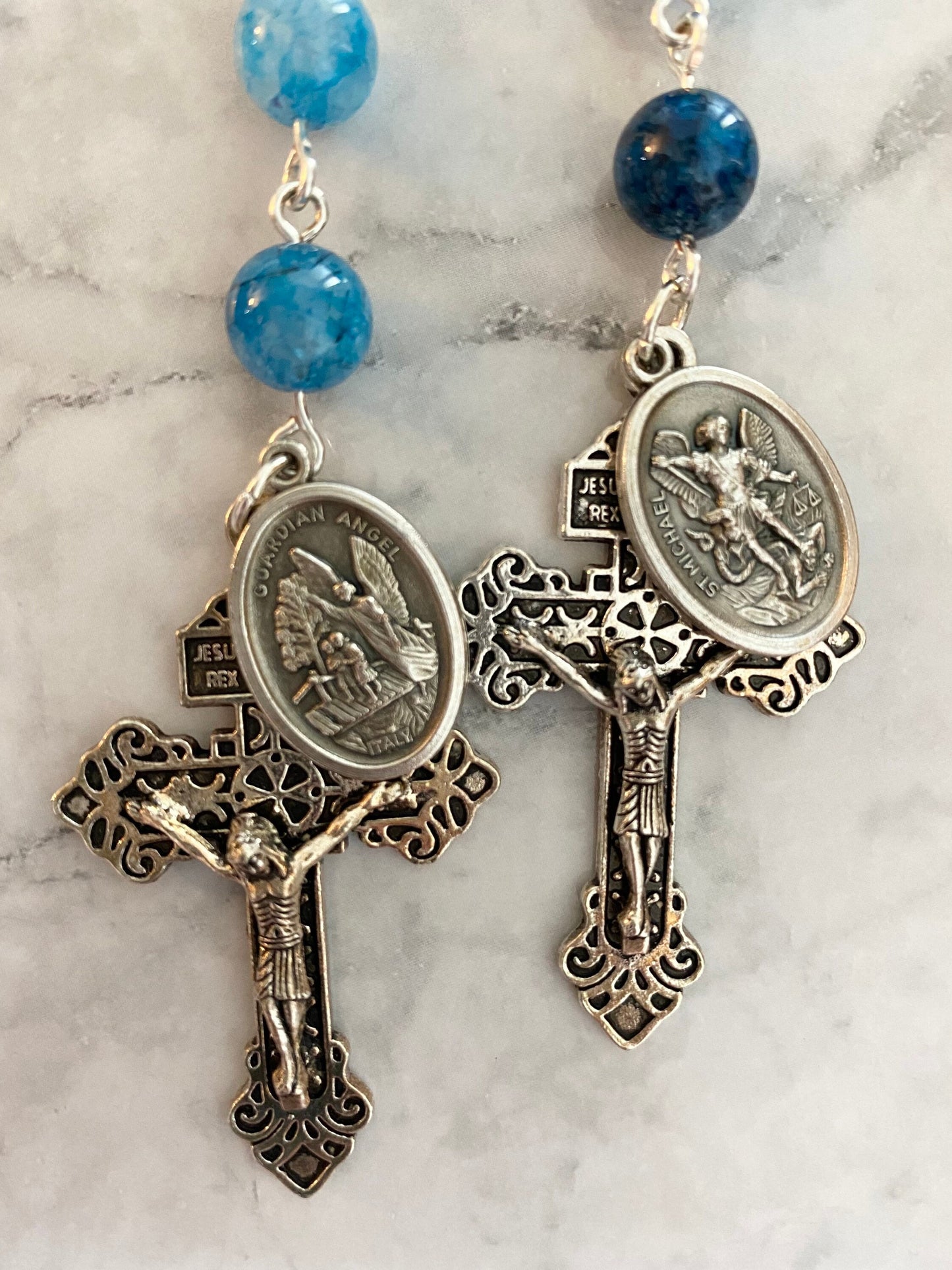 Rosary Keychain - Road Warrior Rosary Keychain - Blue Quartz - St. Michael - Keychain - Pocket Rosary - Gemstone Beads