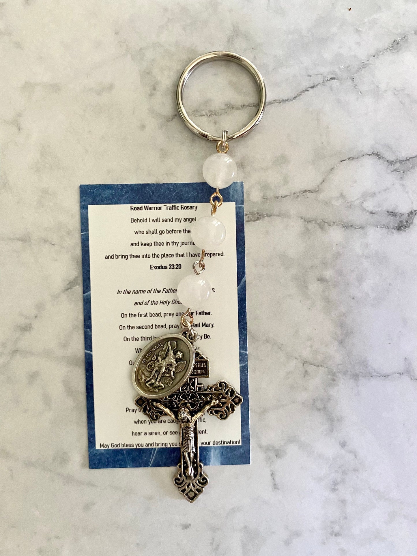 Religious Keychain - Road Warrior Rosary Keychain - White Jade - St. Michael - Made in USA - Pocket Rosary
