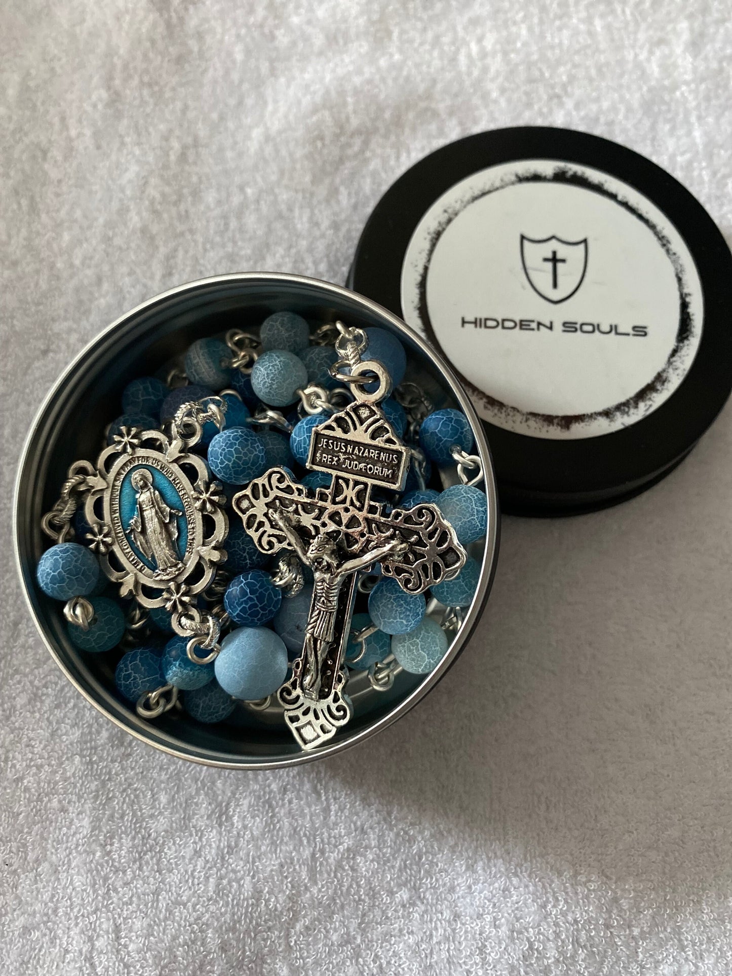 Cracked Matte Blue Gemstone - Durable Holy Rosary - Miraculous Medal Pardon Italy Crucifix - Natural Sky Agate - Catholic Prayer Beads Aqua
