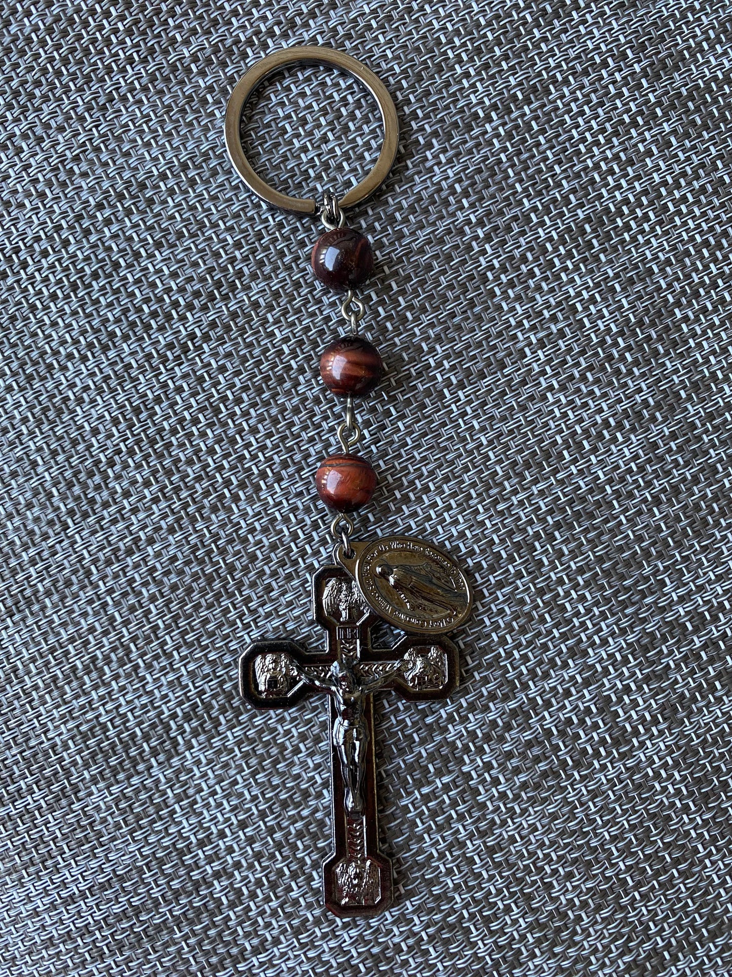 Red Tiger Eye Gemstone Catholic Rosary Keychain