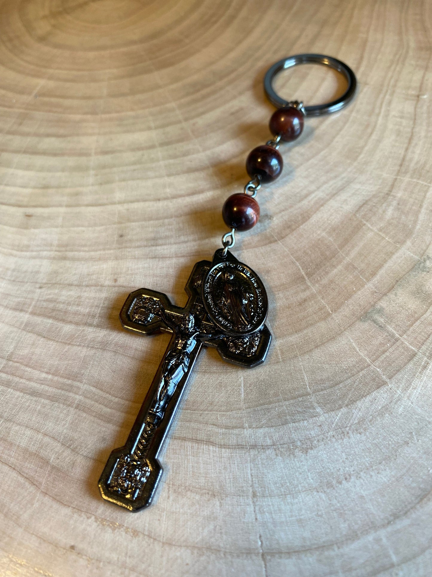 Red Tiger Eye Gemstone Catholic Rosary Keychain