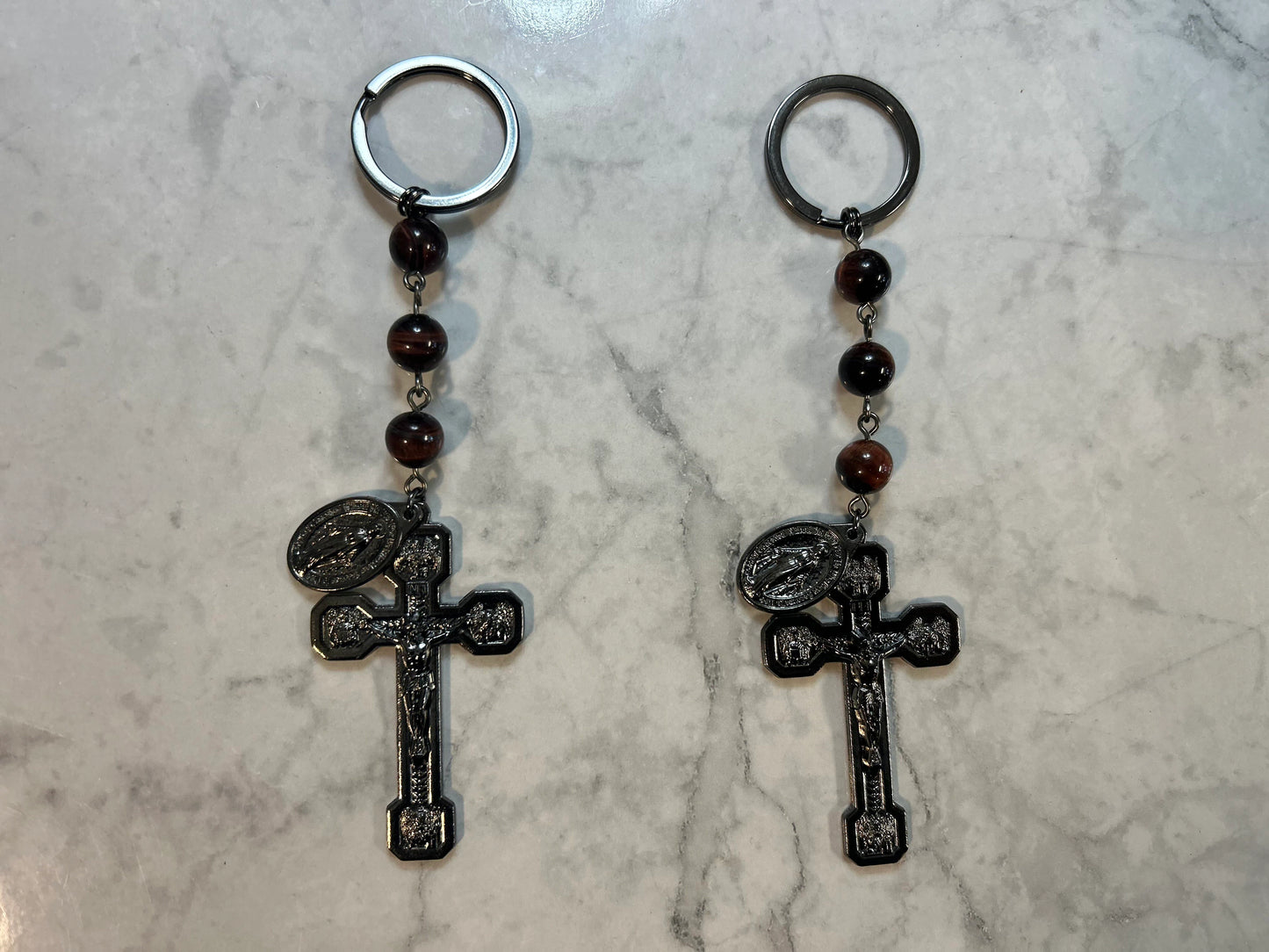 Red Tiger Eye Gemstone Catholic Rosary Keychain