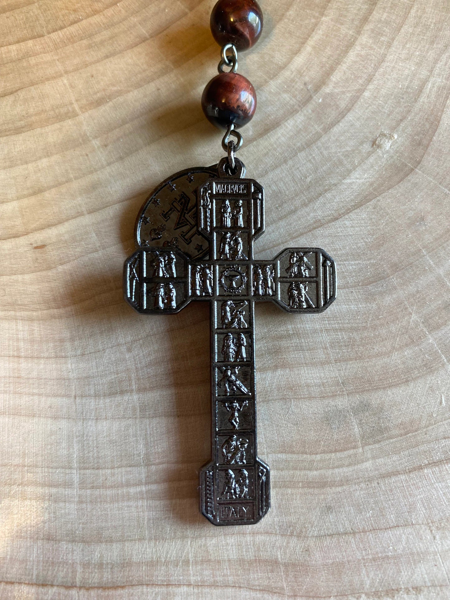 Red Tiger Eye Gemstone Catholic Rosary Keychain
