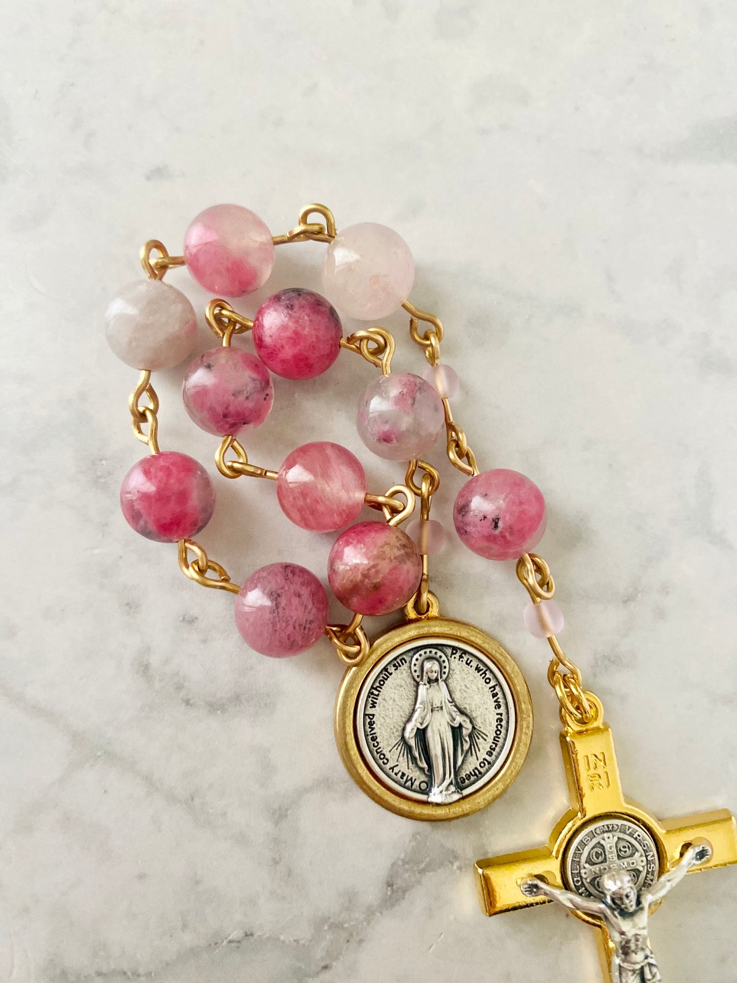 Rose & Gold Madagascar Rhodonite "Mercy" Pocket Rosary
