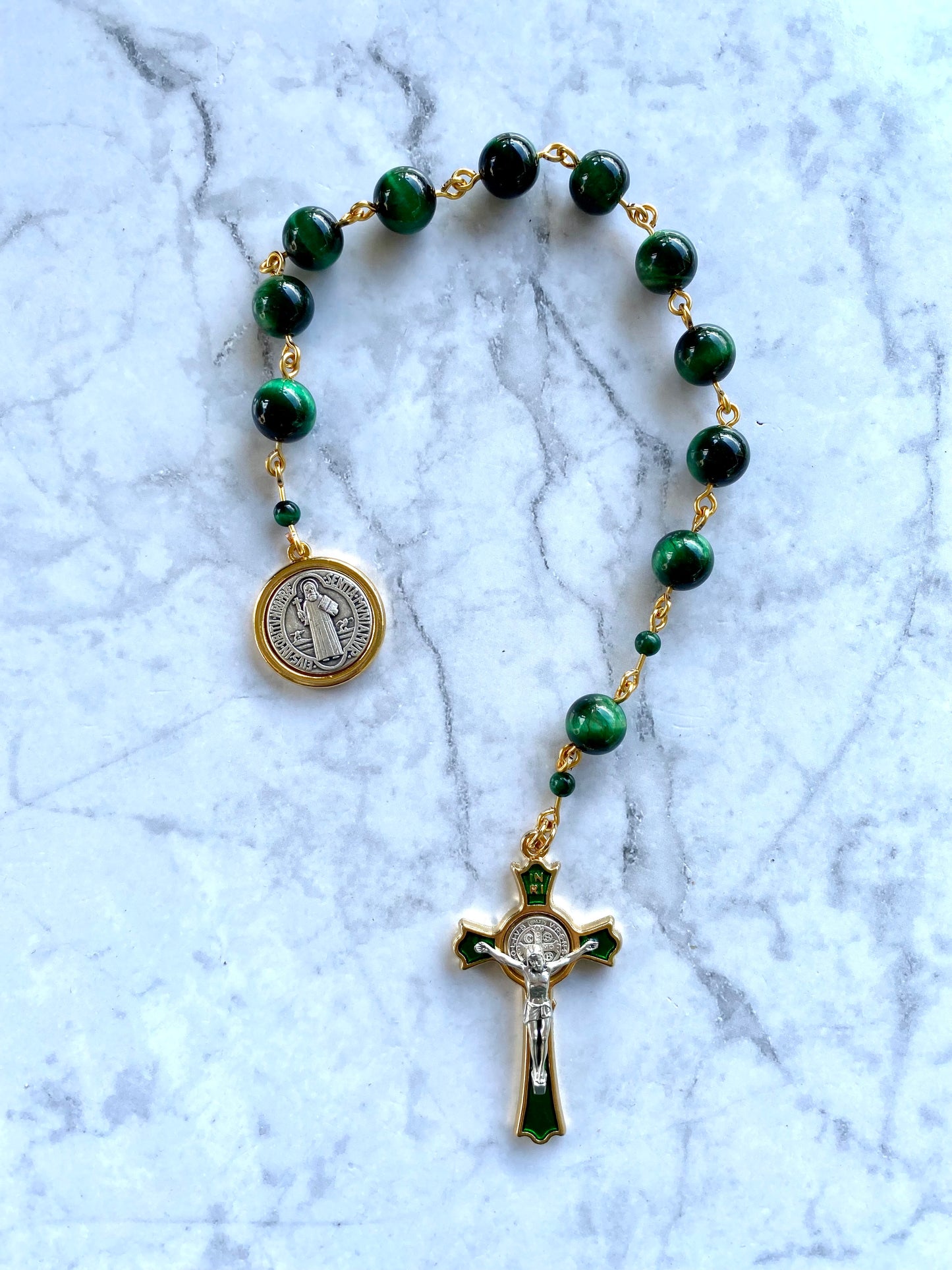 The Verdant Guardian Decade Rosary – Green Tiger Eye & St. Benedict