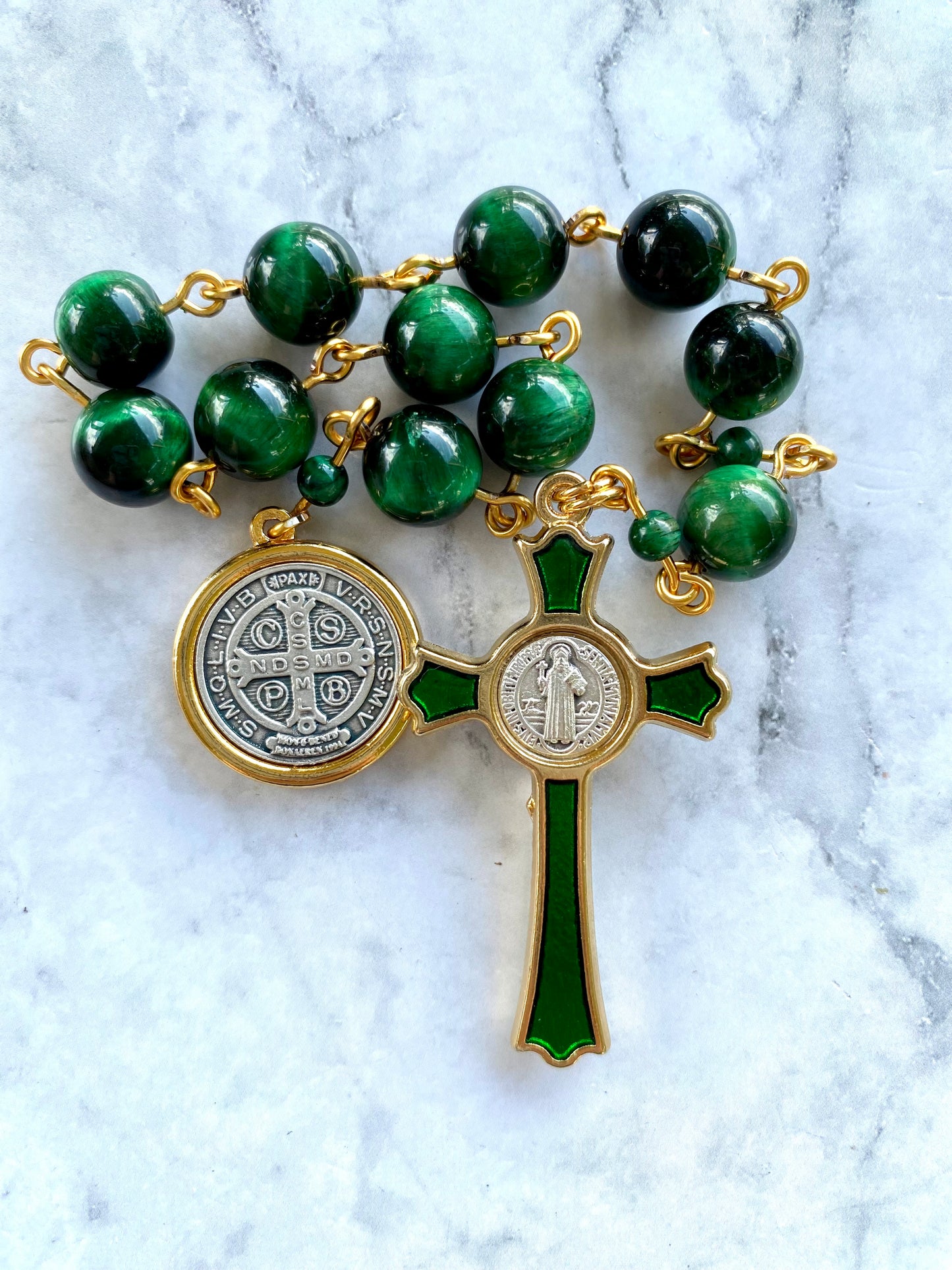 The Verdant Guardian Decade Rosary – Green Tiger Eye & St. Benedict