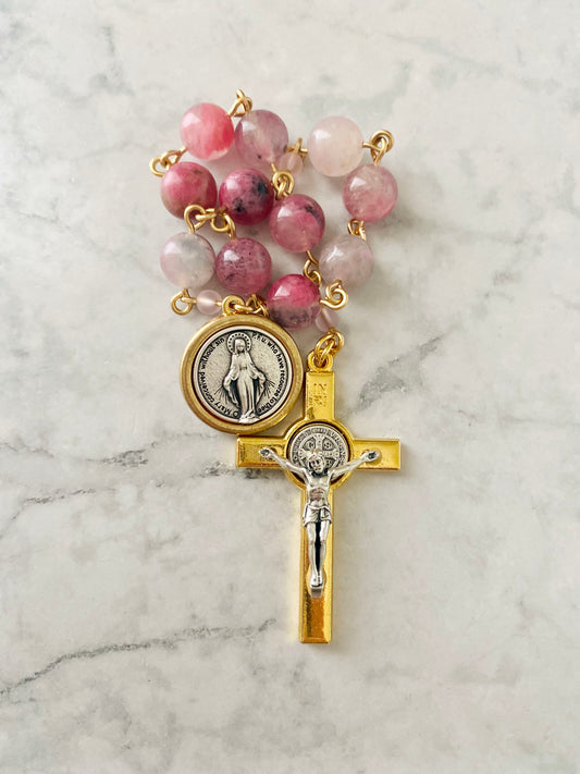 Rose & Gold Madagascar Rhodonite "Mercy" Pocket Rosary