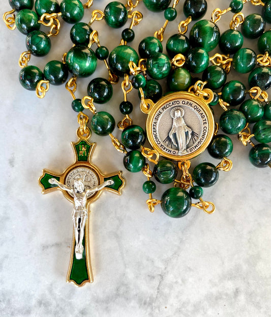 The Emerald Guardian Heritage Rosary – Green Tiger Eye & Enamel