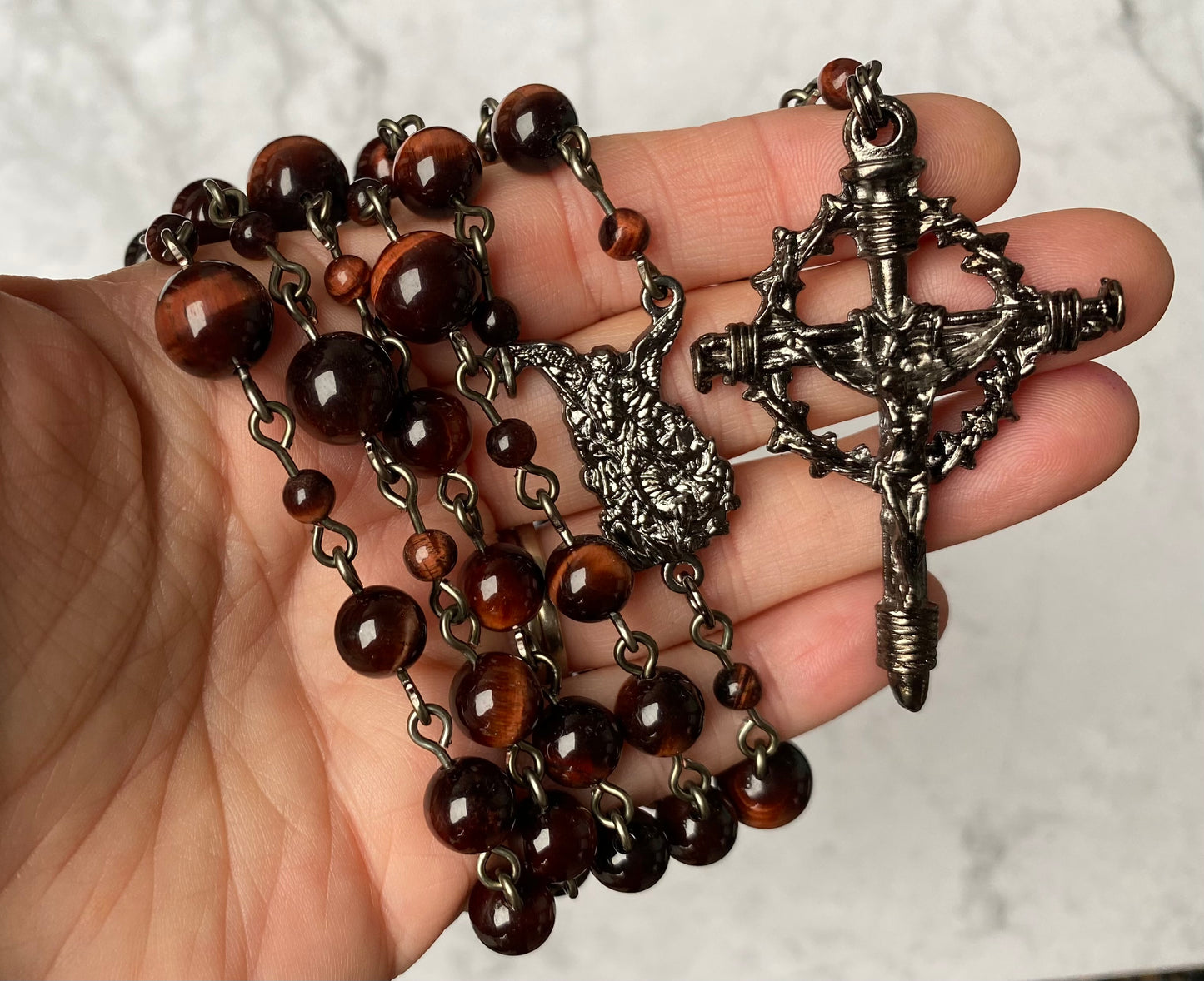 The Precious Blood Heritage Rosary – Red Tiger Eye & Gunmetal