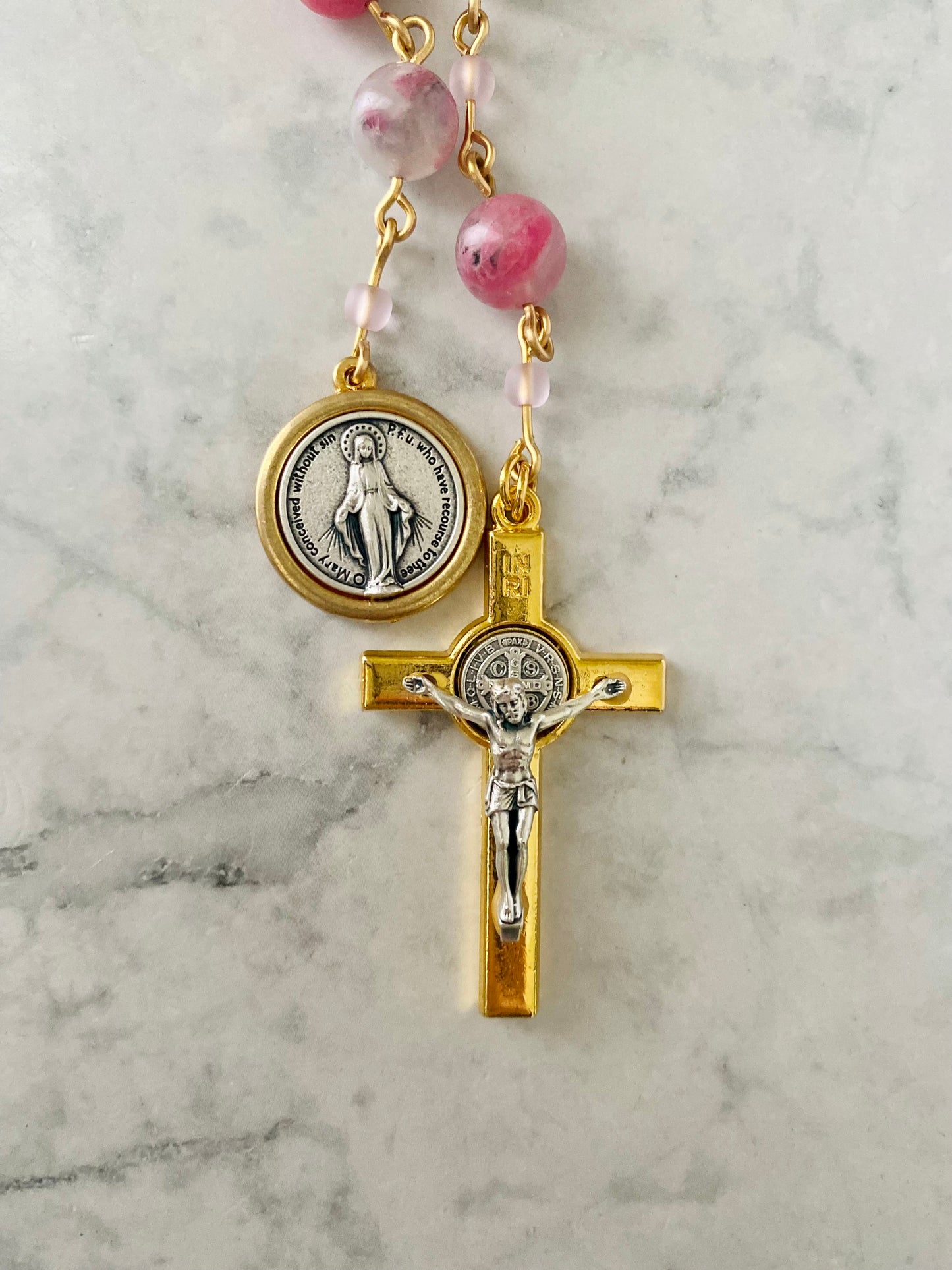 Rose & Gold Madagascar Rhodonite "Mercy" Pocket Rosary