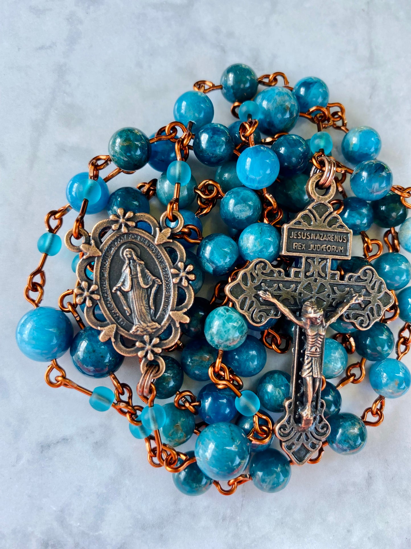 The Stella Maris Heritage Rosary – Pacific Blue Apatite & Antique Copper