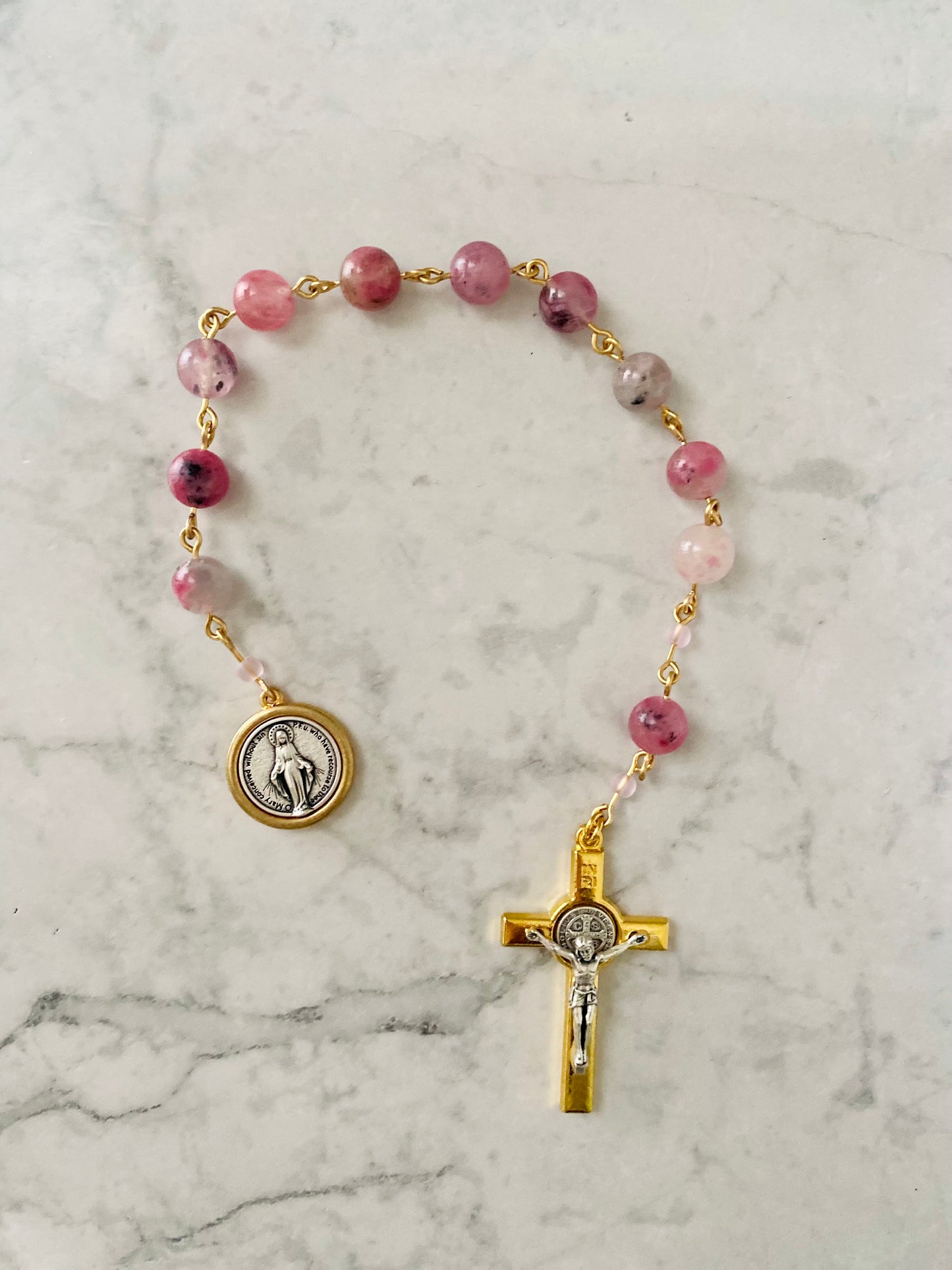 Rose & Gold Madagascar Rhodonite "Mercy" Pocket Rosary