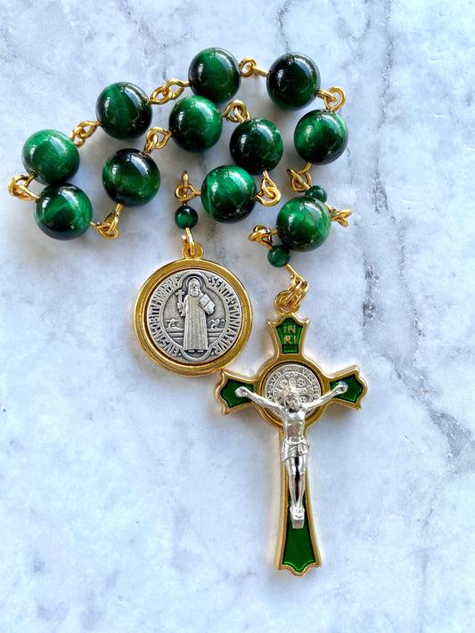 The Verdant Guardian Decade Rosary – Green Tiger Eye & St. Benedict