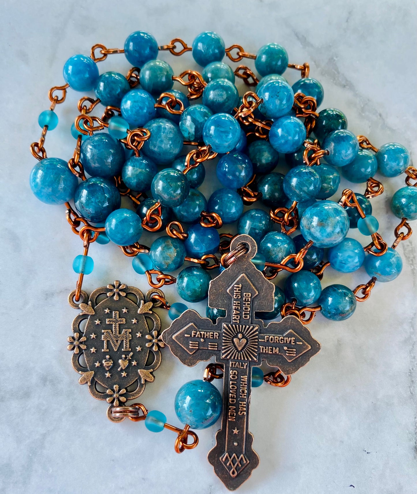 The Stella Maris Heritage Rosary – Pacific Blue Apatite & Antique Copper