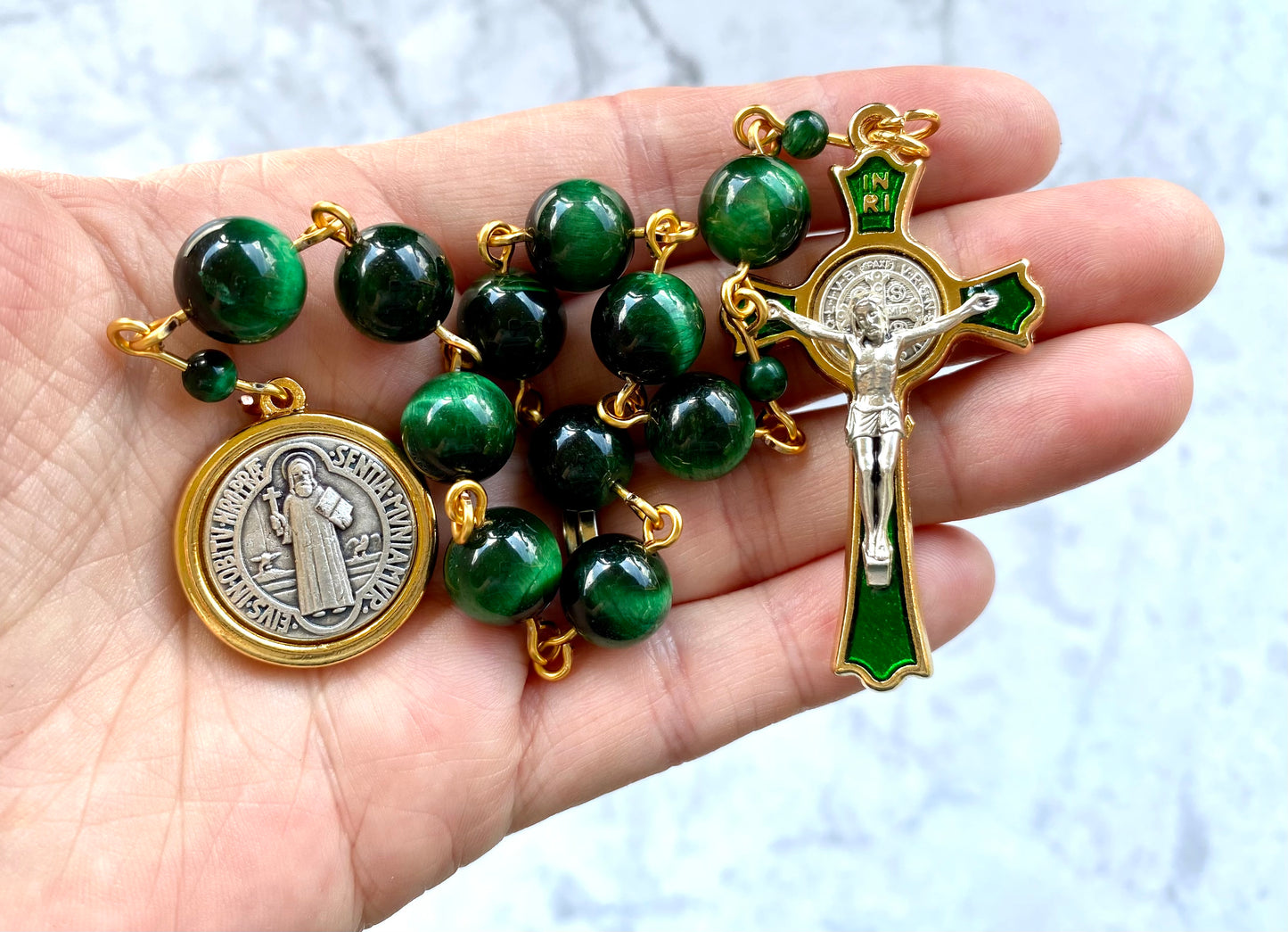 The Verdant Guardian Decade Rosary – Green Tiger Eye & St. Benedict