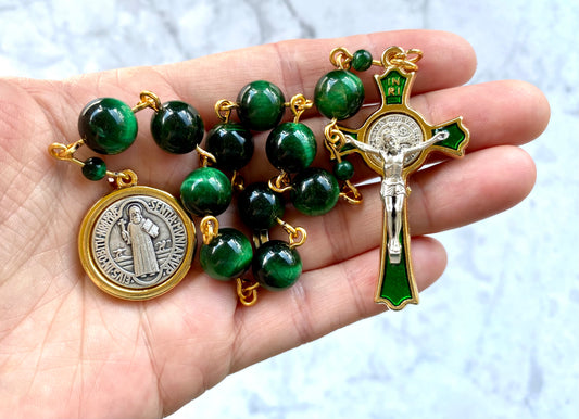 The Verdant Guardian Decade Rosary – Green Tiger Eye & St. Benedict