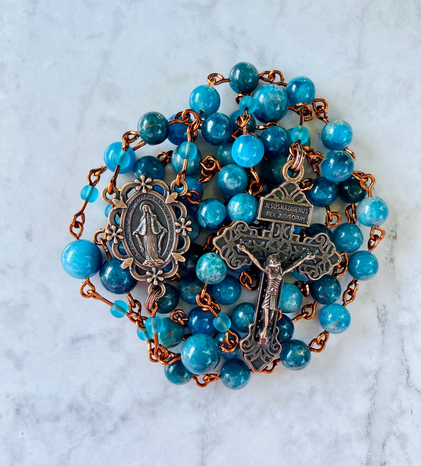 The Stella Maris Heritage Rosary – Pacific Blue Apatite & Antique Copper