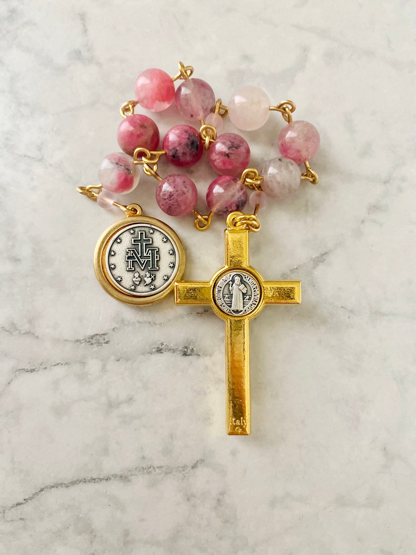 Rose & Gold Madagascar Rhodonite "Mercy" Pocket Rosary