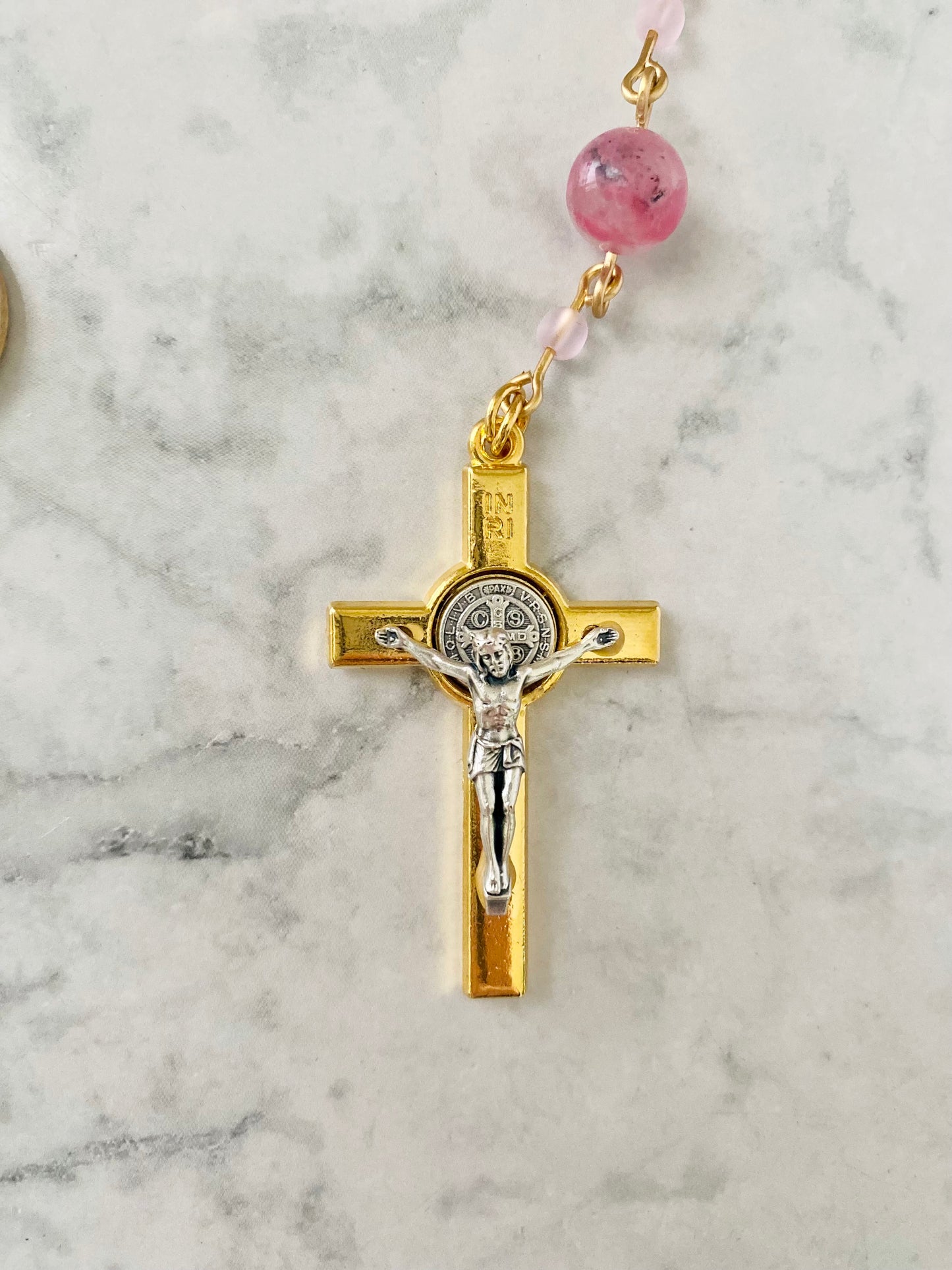 Rose & Gold Madagascar Rhodonite "Mercy" Pocket Rosary
