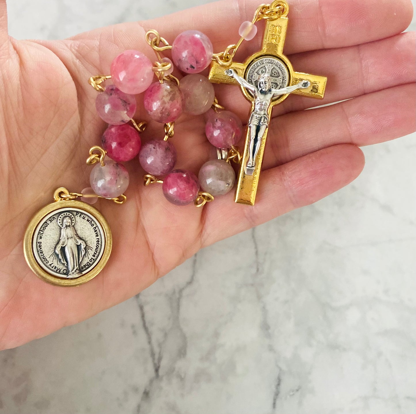 Rose & Gold Madagascar Rhodonite "Mercy" Pocket Rosary