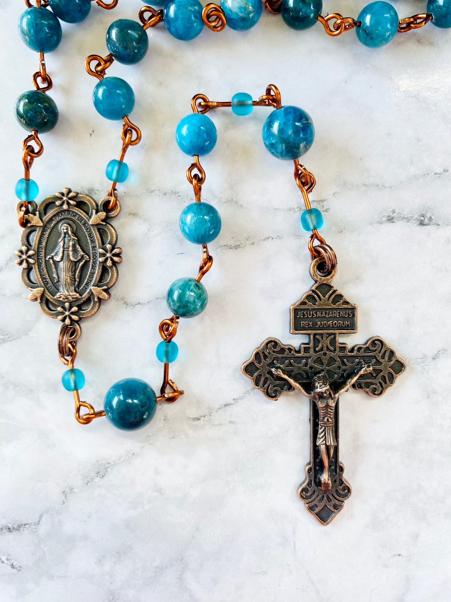 The Stella Maris Heritage Rosary – Pacific Blue Apatite & Antique Copper