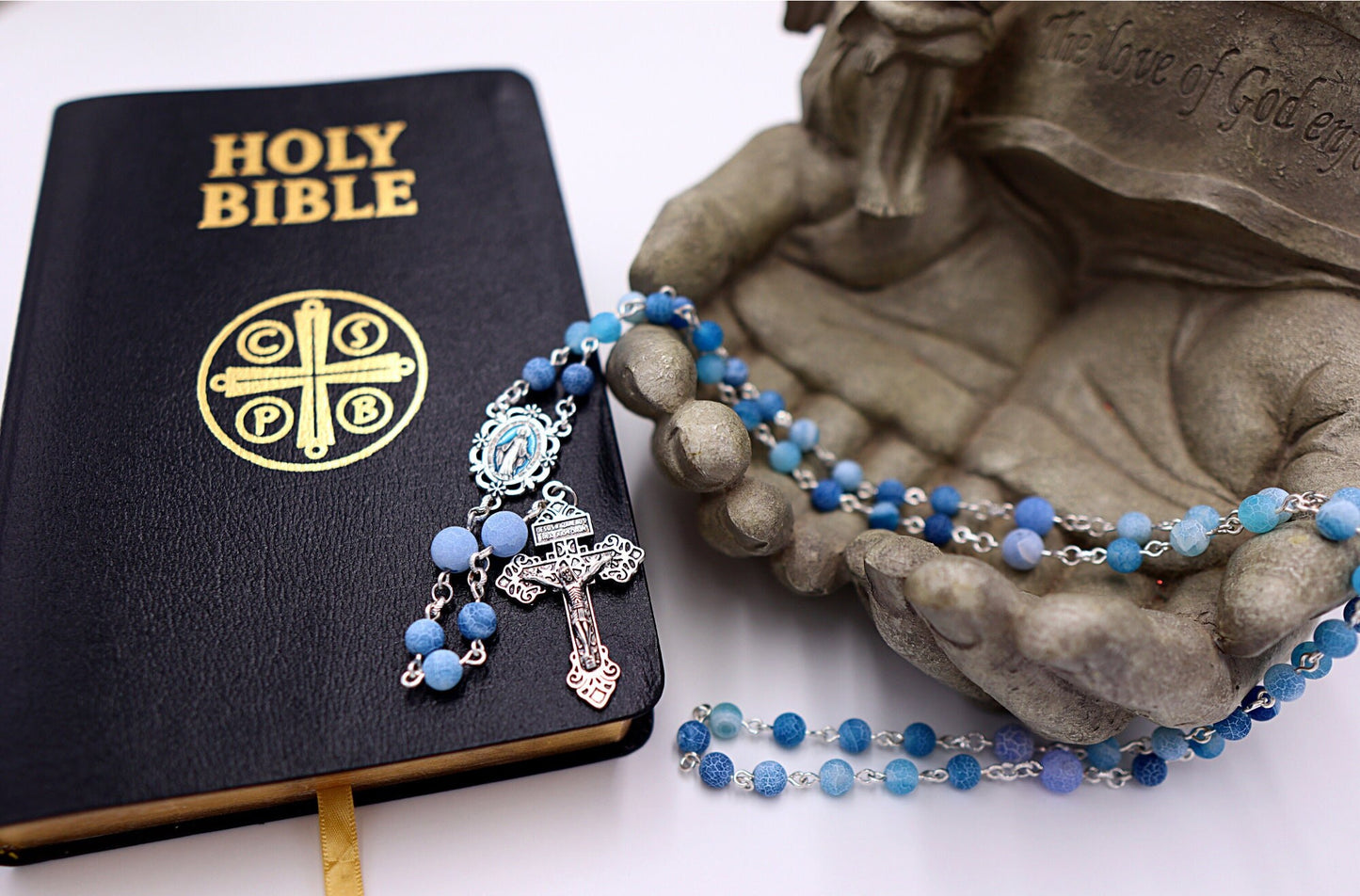 Cracked Matte Blue Gemstone - Durable Holy Rosary - Miraculous Medal Pardon Italy Crucifix - Natural Sky Agate - Catholic Prayer Beads Aqua