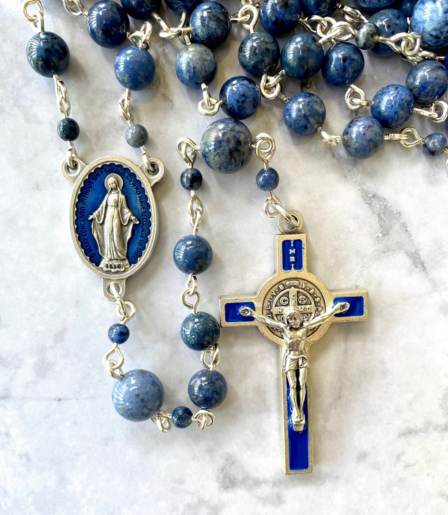 Blue Enamel St. Benedict Crucifix Gemstone Rosary