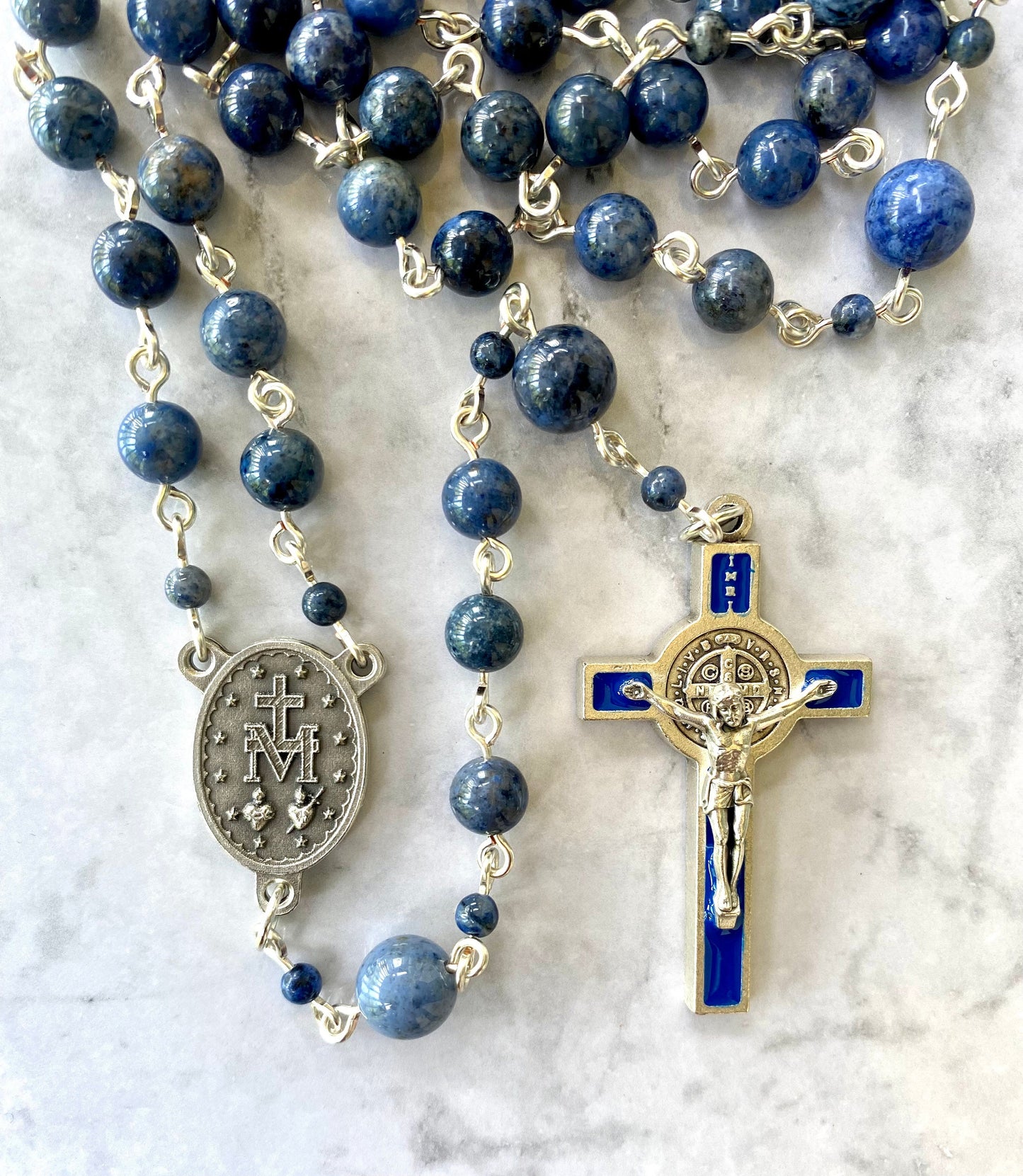 Blue Enamel St. Benedict Crucifix Gemstone Rosary