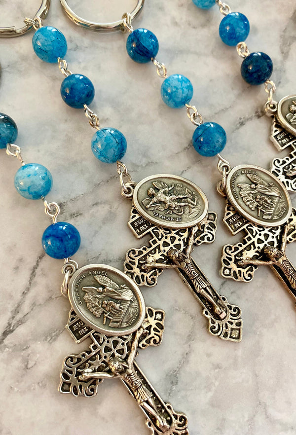 Rosary Keychain - Road Warrior Rosary Keychain - Blue Quartz - St. Michael - Keychain - Pocket Rosary  - Gemstone Beads