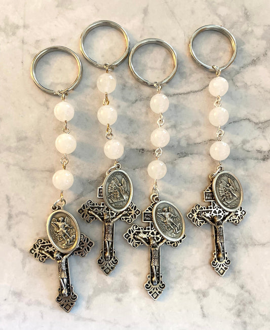 Religious Keychain - Road Warrior Rosary Keychain - White Jade - St. Michael - Made in USA - Pocket Rosary