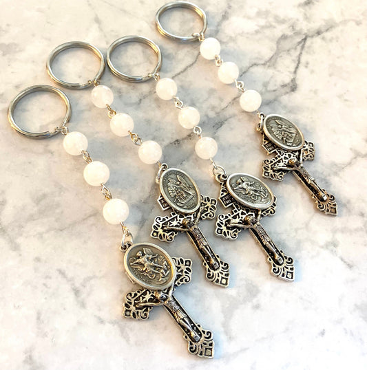 Religious Keychain - Road Warrior Rosary Keychain - White Jade - St. Michael - Made in USA - Pocket Rosary