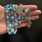 Cracked Matte Blue Gemstone - Durable Holy Rosary - Miraculous Medal Pardon Italy Crucifix - Natural Sky Agate - Catholic Prayer Beads Aqua