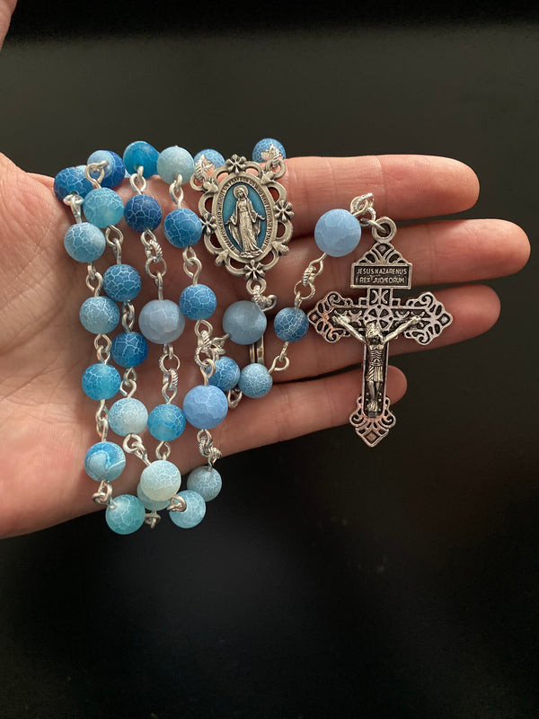 Cracked Matte Blue Gemstone - Durable Holy Rosary - Miraculous Medal Pardon Italy Crucifix - Natural Sky Agate - Catholic Prayer Beads Aqua