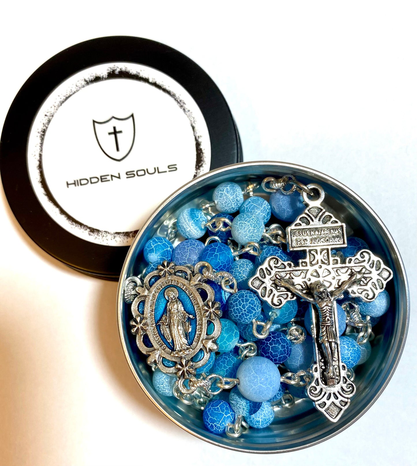 Cracked Matte Blue Gemstone - Durable Holy Rosary - Miraculous Medal Pardon Italy Crucifix - Natural Sky Agate - Catholic Prayer Beads Aqua