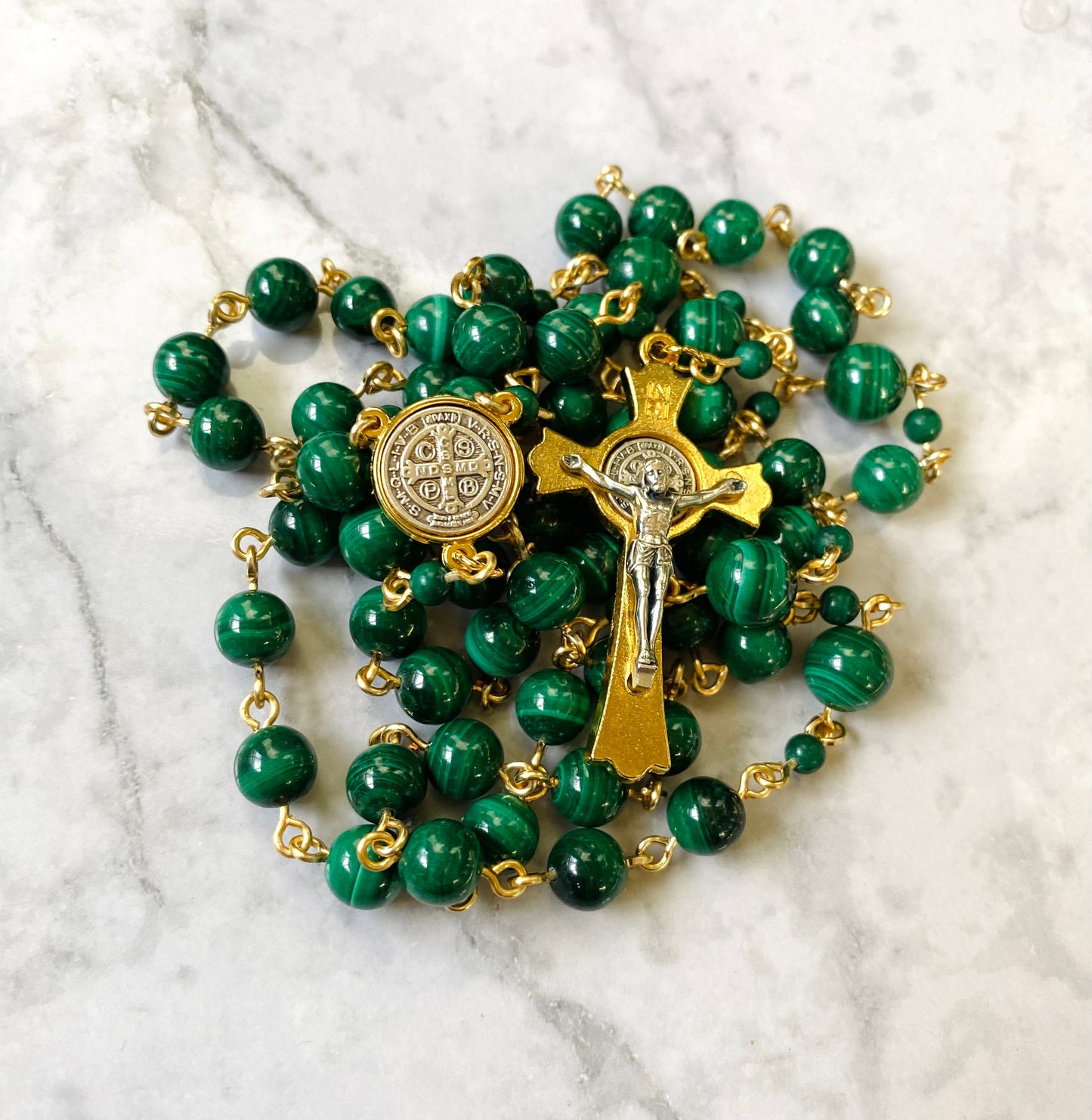 Malachite gemstone Rosary - Handmade in the USA - Green prayer beads - Catholic meditation