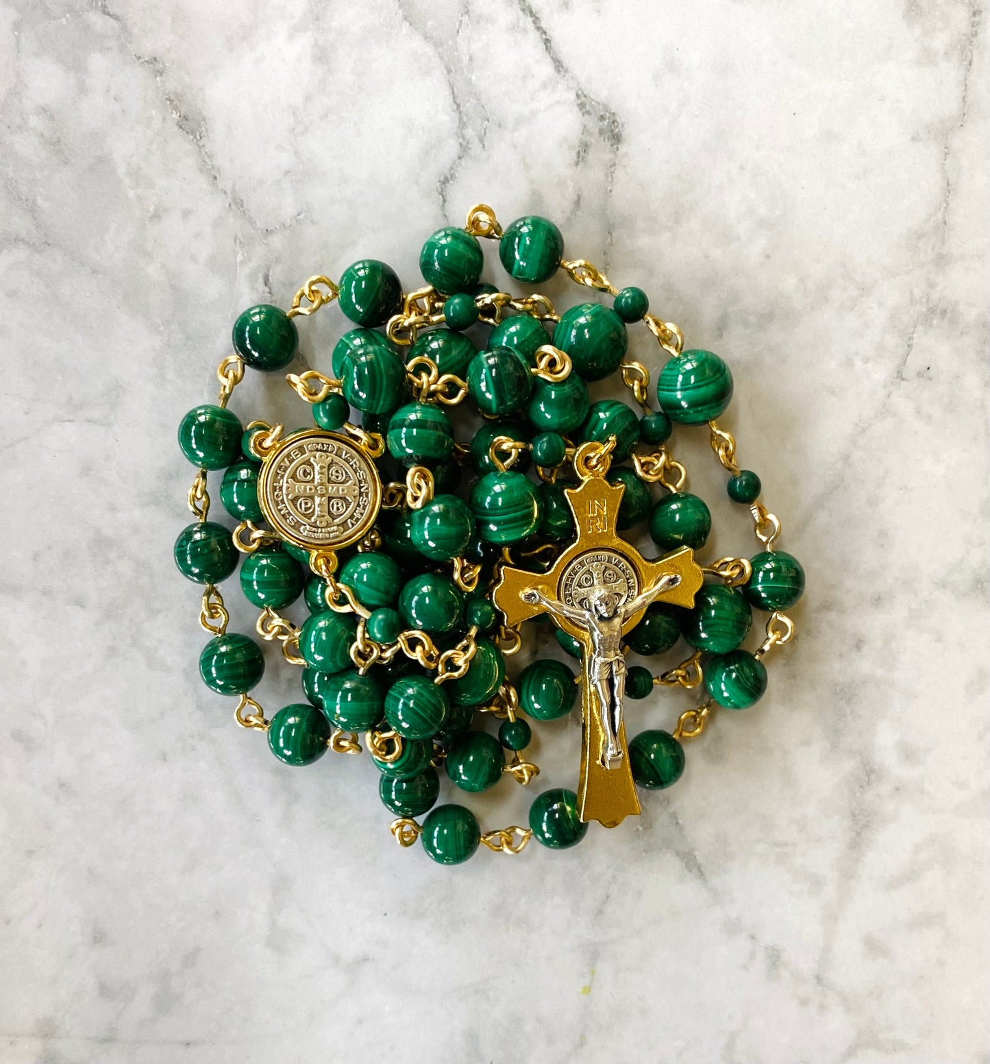 Malachite gemstone Rosary - Handmade in the USA - Green prayer beads - Catholic meditation