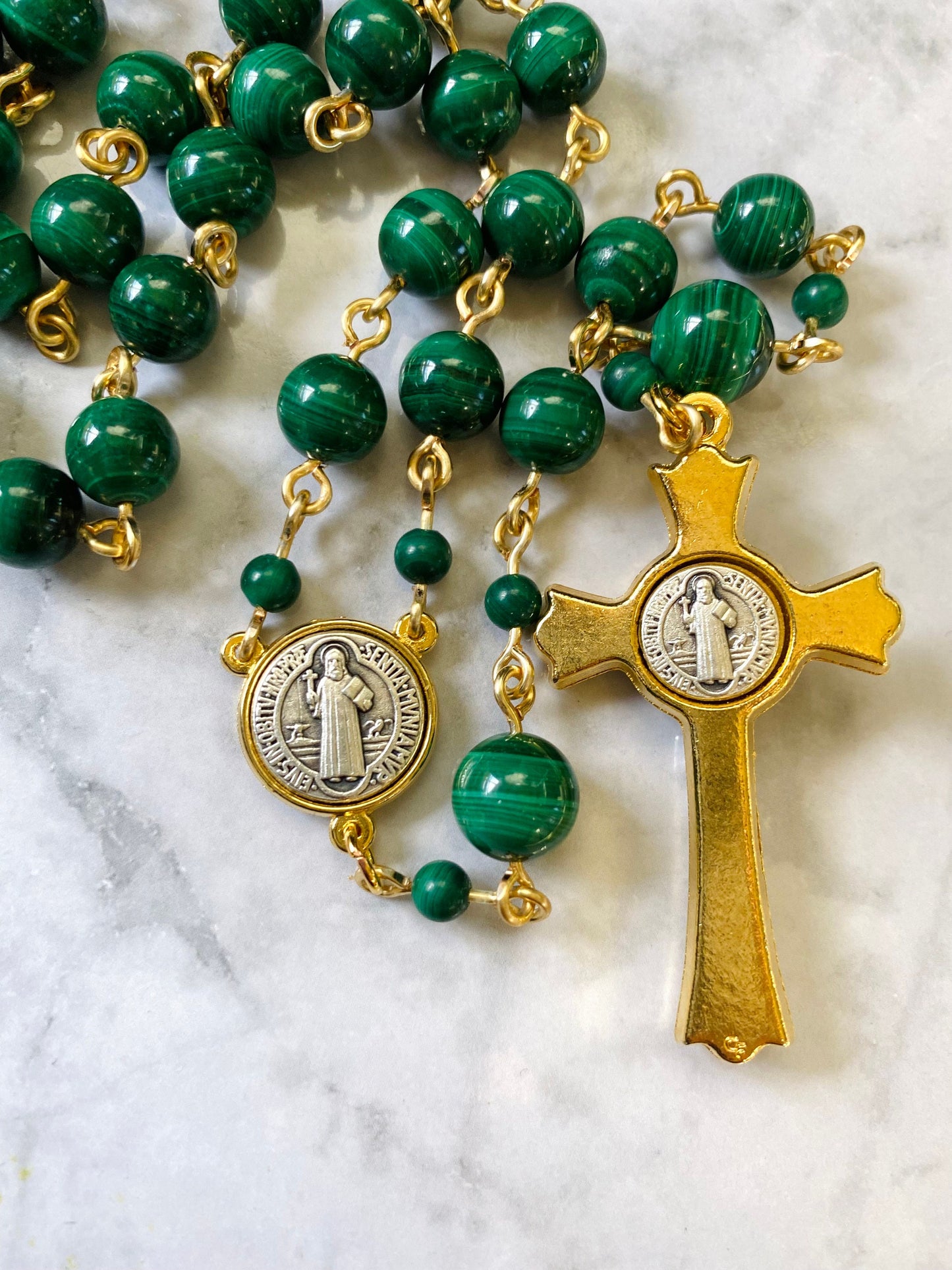 Malachite gemstone Rosary - Handmade in the USA - Green prayer beads - Catholic meditation