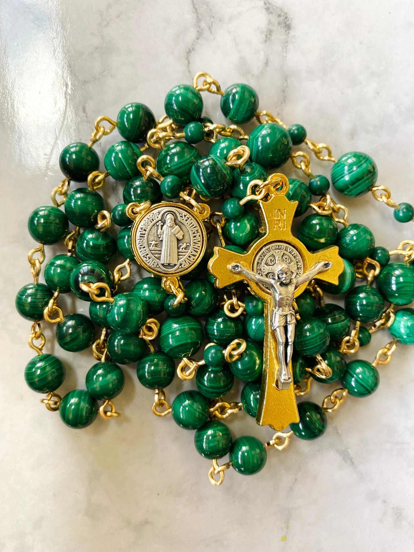 Malachite gemstone Rosary - Handmade in the USA - Green prayer beads - Catholic meditation