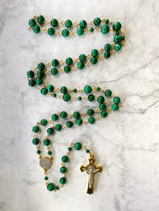 Malachite gemstone Rosary - Handmade in the USA - Green prayer beads - Catholic meditation