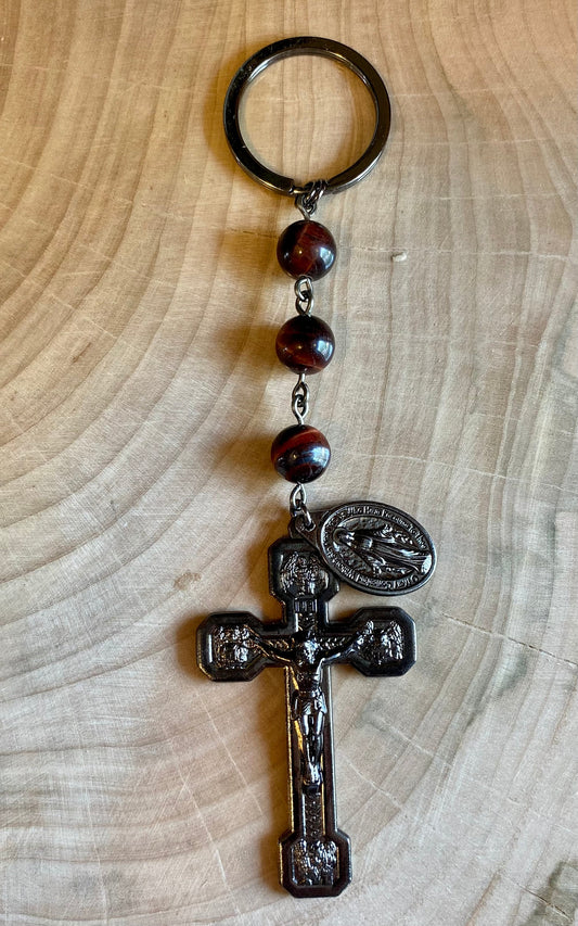 Red Tiger Eye Gemstone Catholic Rosary Keychain