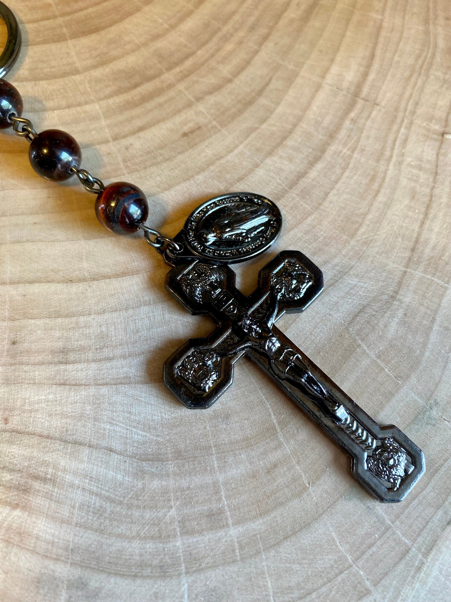 Red Tiger Eye Gemstone Catholic Rosary Keychain