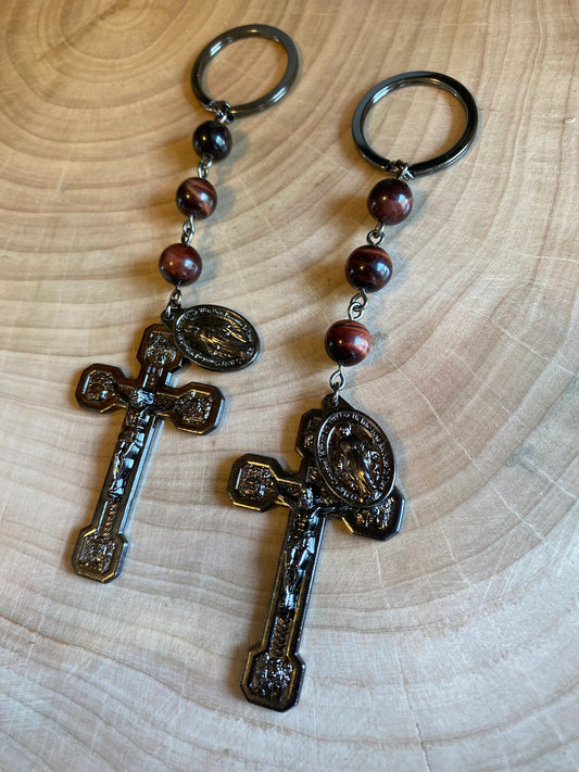 Red Tiger Eye Gemstone Catholic Rosary Keychain