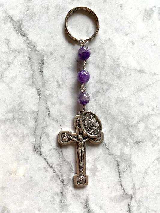 Purple Chevron Amethyst Rosary Keychain